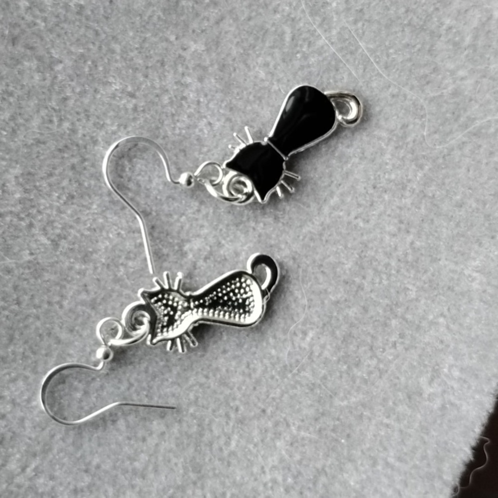 Hand Crafted Black Enamel Cat Earrings - Picture 2 of 4